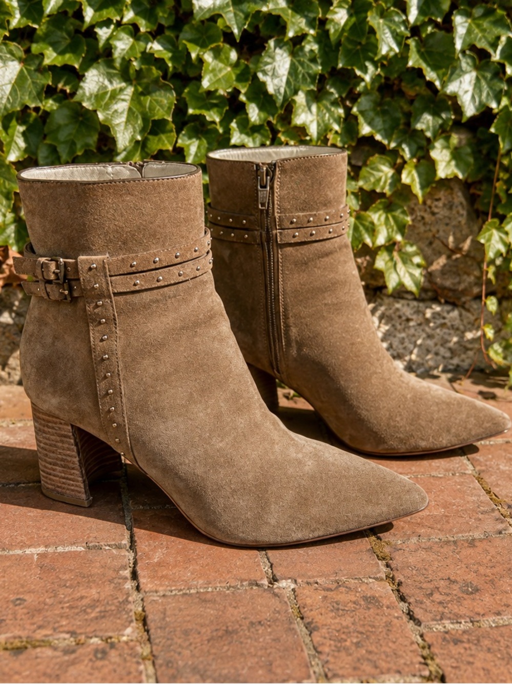 PAIGE Tan Suede Studded Western Pointed Toe Block Heel Ankle Boots, 8.5